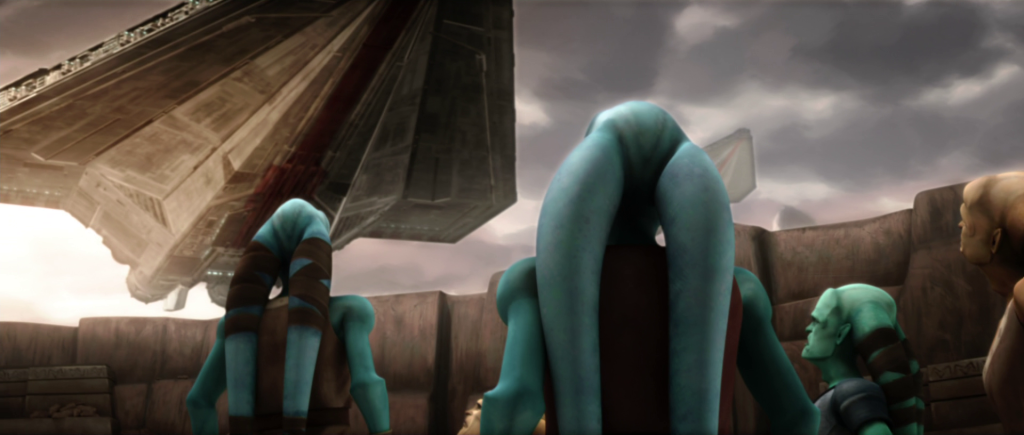 Twi'leks look up at Republic cruisers entering the atmosphere of Ryloth in 