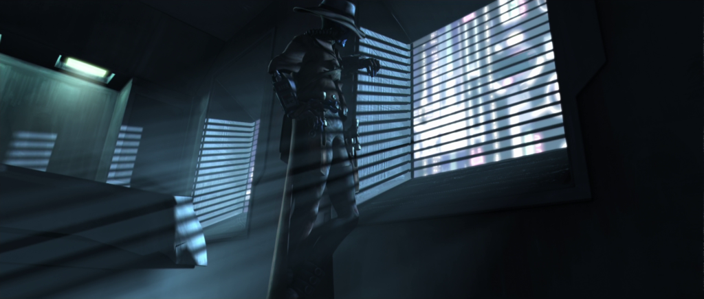 Cad Bane looks out the window in a darkened apartment in 
